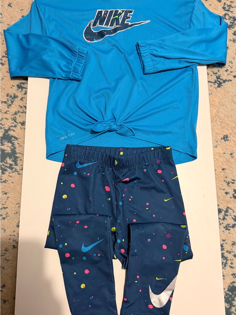 (5 for $40) Nike Girls Blue Long Sleeve Rashguard Top with Navy Splash Leggings